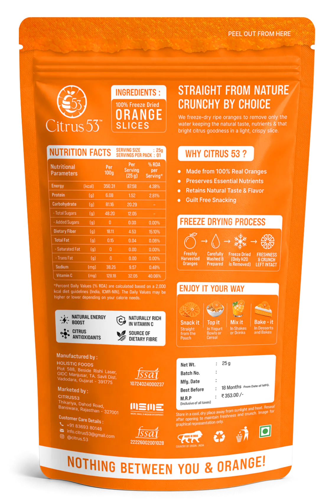Back of the Citrus 53 Freeze-Dried Orange Slices pouch, showing the ingredients list and nutrition facts