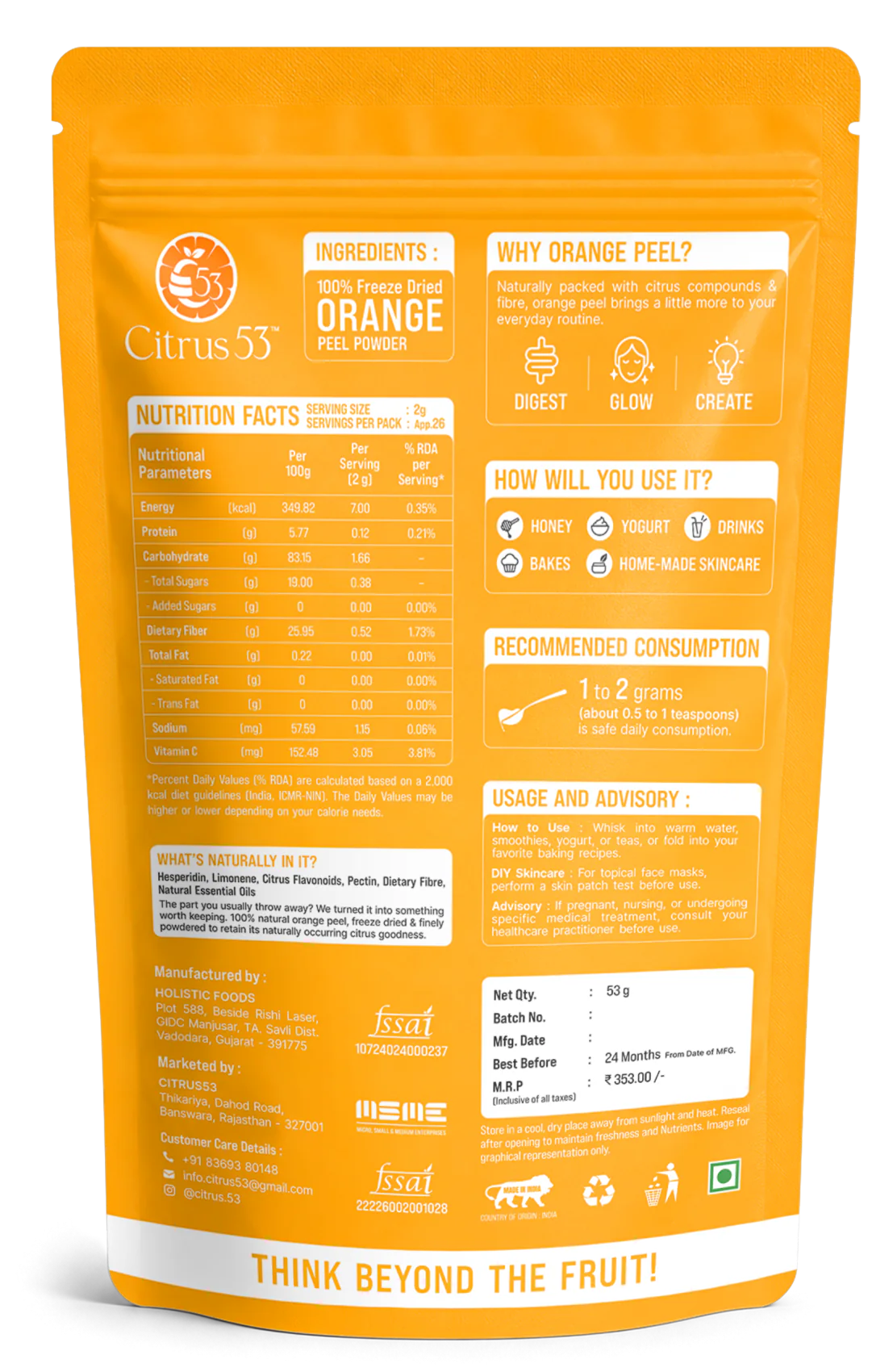 Back of the Citrus 53 Pure Orange Peel Powder pouch, showing the nutrition facts, recommended consumption and how to use it